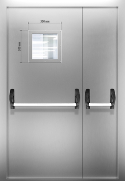 Полуторопольная противопожарная нержавеющая дверь со стеклом и системой Антипаника ДПМО 02/60 (EI 60) — №02 (NEW)